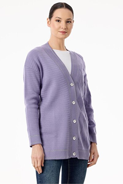 Tığ Triko Baklava Deseni Havlu Örgülü Triko Hırka LİLA