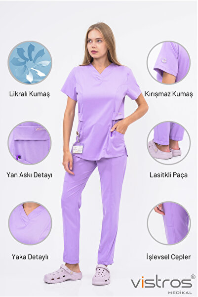 Vistros Medikal Doktor Hemşire Forması Likralı Kumaş Lila Medikal Forma Cerra...