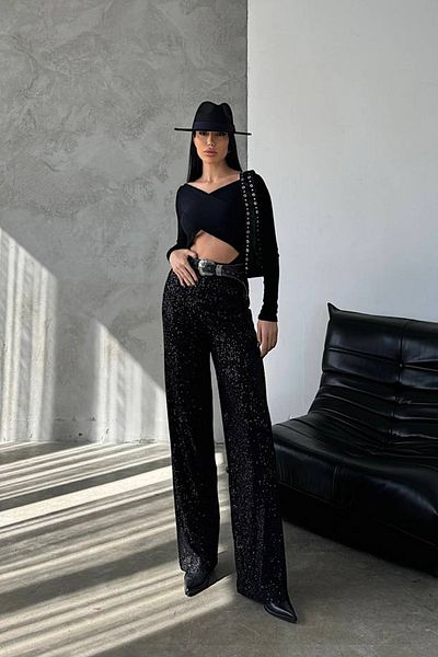 Ortaya Çık Black Elastic Waist Wide Leg Sequined Trousers
