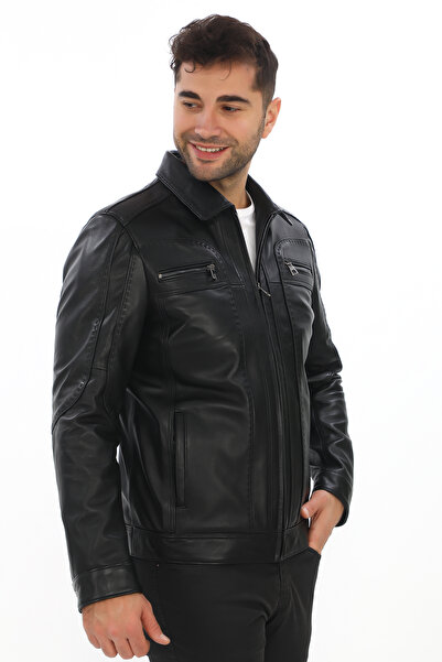 db deriburada original Erkek Siyah Puntolu Hakiki Deri Mont