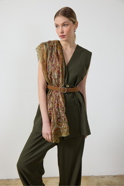 Birgül Bektaş Haki Düğme Detaylı Yelek