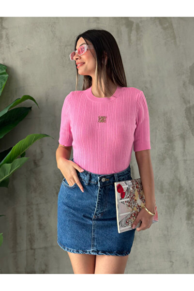 Angel Mia Ροζ πλεκτό μπλουζάκι - με αξεσουάρ