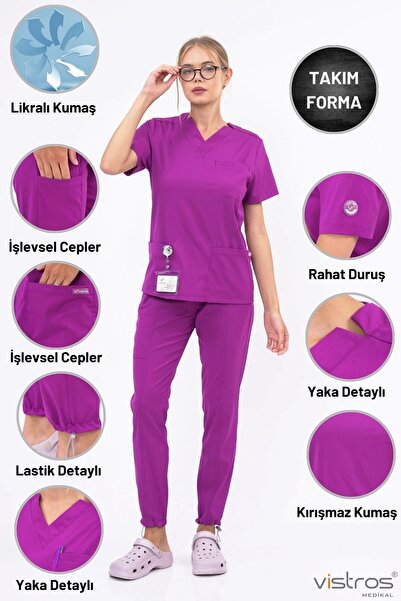Vistros Medikal Unisex Doktor Hemşire Forması Fuşya Medikal Forma Cerrahi Tak...
