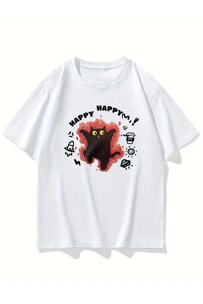 Touz Moda Λευκό μπλουζάκι με στάμπα Happy Cat
