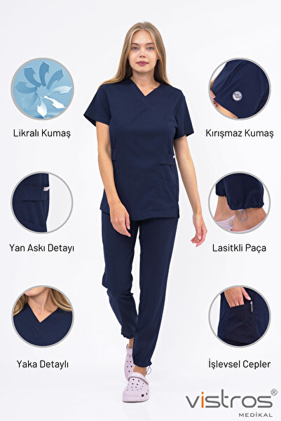 Vistros Medikal Doktor Hemşire Forması Likralı Kumaş Lacivert Medikal Forma C...