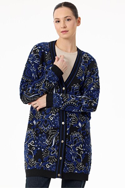 Tığ Triko Çiçek Desenli Kabartmalı Triko Hırka SİYAHSAKS