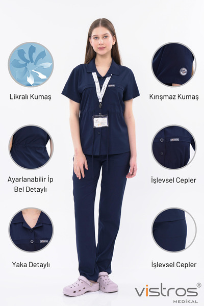 Vistros Medikal Ceket Yaka Düğme Kuşak Detaylı Likralı Medikal Forma Doktor H...
