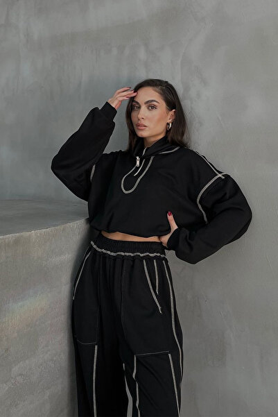 Ortaya Çık Fekete fordított varrás részletes tréningruha szett
