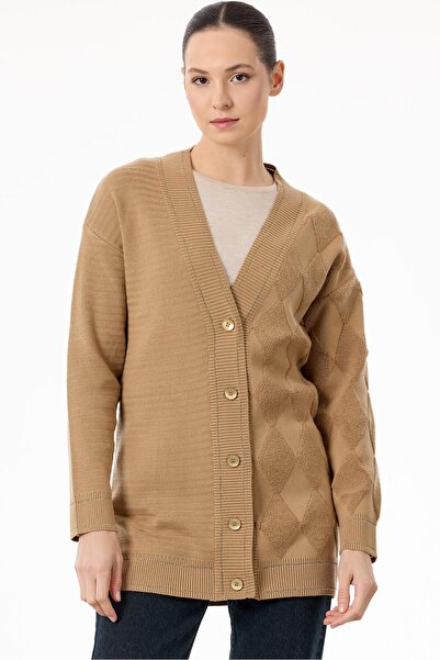 Tığ Triko Baklava Deseni Havlu Örgülü Triko Hırka CAMEL