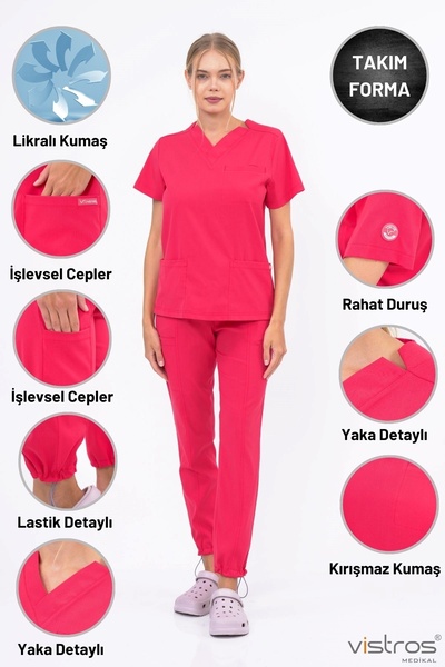 Vistros Medikal Unisex Doktor Hemşire Forması Nar Çiçeği Medikal Forma Cerrah...