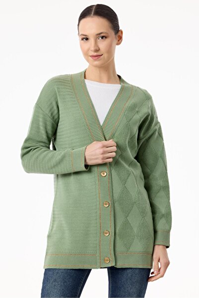 Tığ Triko Baklava Deseni Havlu Örgülü Triko Hırka YEŞİL