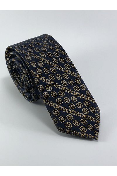 PİERRONİ Navy Blue Gold Patterned Slim Tie