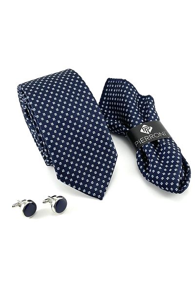 PİERRONİ Navy Blue Tie Handkerchief Cufflinks Custom Set