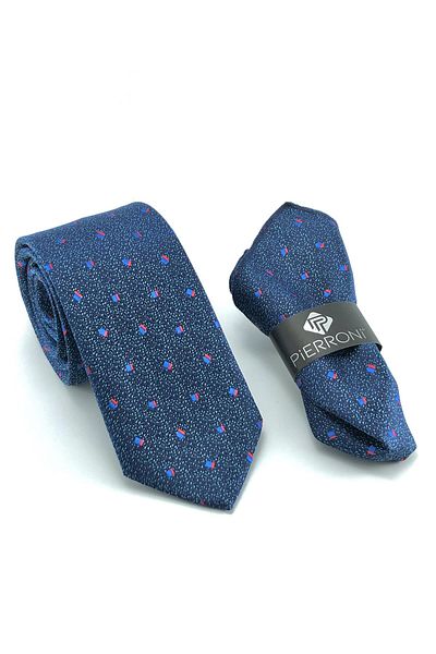 PİERRONİ Light Navy Blue Red Patterned Handkerchief Tie