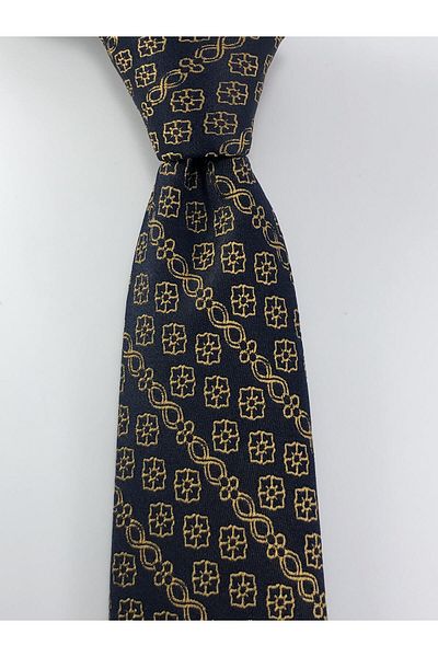 PİERRONİ Navy Blue Gold Patterned Slim Tie