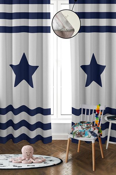 Doruklar Home Collection Digital Printing Washable Star Pattern 2 Wings Baby and Children's Room Background Curtain