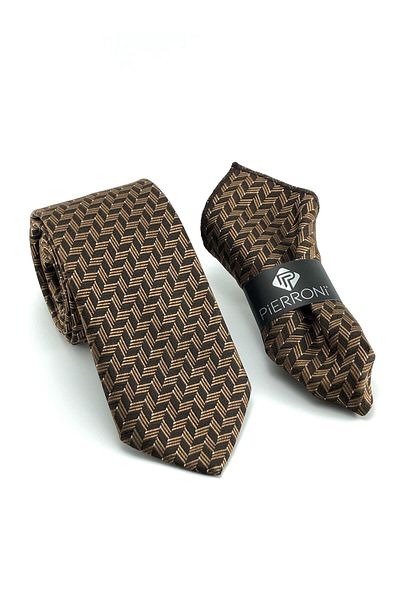 PİERRONİ Tan Brown Patterned Handkerchief Tie