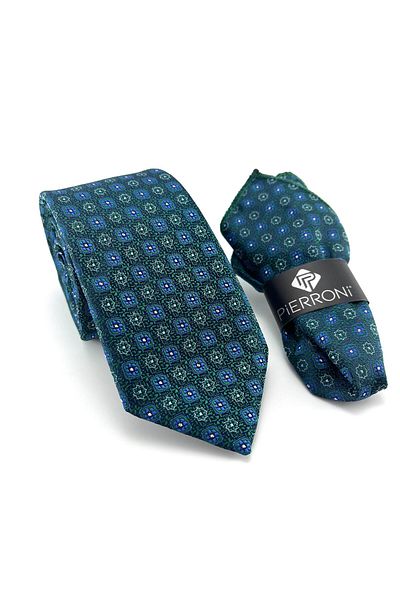 PİERRONİ Green Navy Blue Patterned Handkerchief Tie