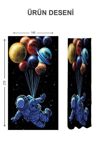 Doruklar Home Collection Digital Printing Washable Space Pattern 2 Wings Baby and Children's Room Background Curtain
