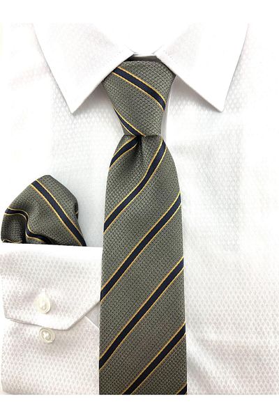 PİERRONİ K.Gray Navy Blue Striped Handkerchief Tie