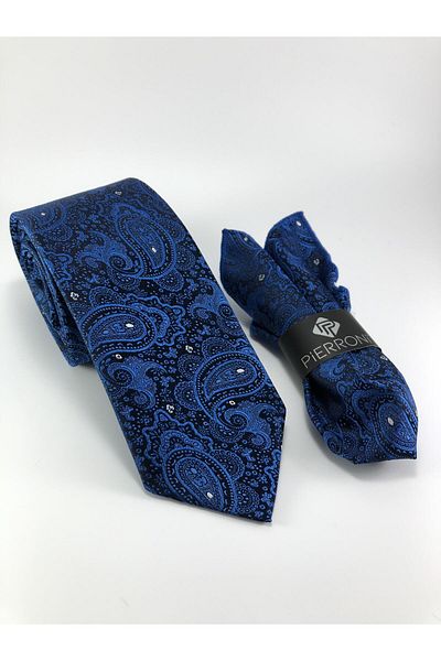 PİERRONİ Saks Blue Shawl Pattern Handkerchief Tie