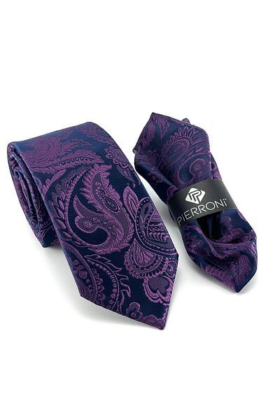 PİERRONİ Plum Navy Blue Shawl Patterned Handkerchief Tie
