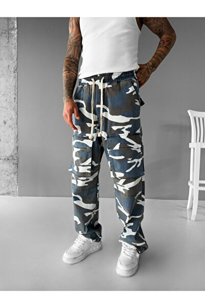 ablukaonline Erkek Baggy Fit Kamuflaj Kargo Pantolon Mavi