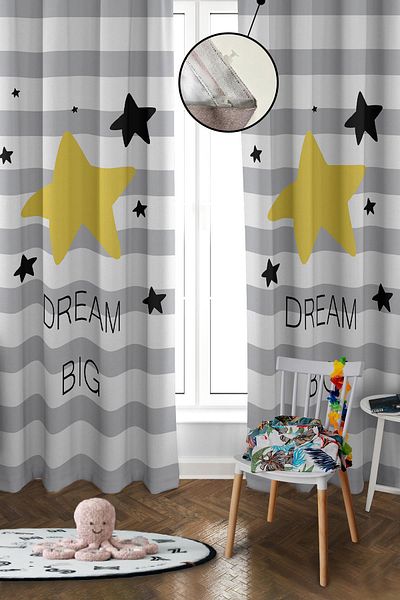 Doruklar Home Collection Digital Printing Washable Star Pattern 2 Wings Baby and Children's Room Background Curtain