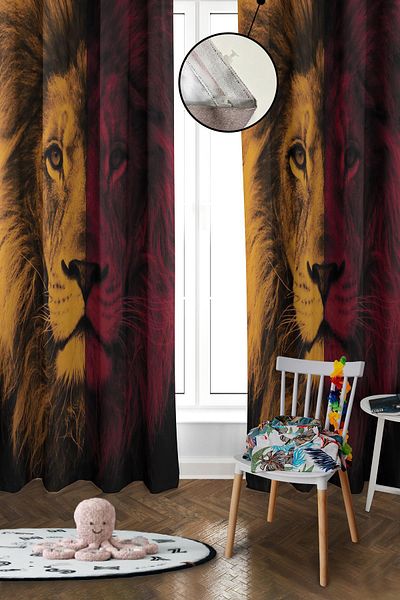 Doruklar Home Collection Digital Printing Washable Lion Pattern 2 Wings Baby and Children's Room Background Curtain