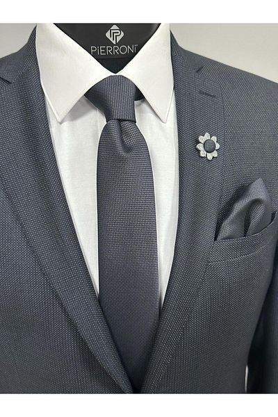 PİERRONİ Smoked Tie Handkerchief Collar Blossom Combination Set