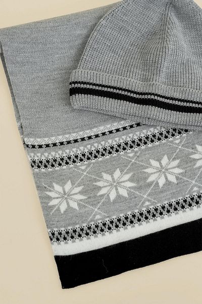 CHUBA 7-12 Years Old Children's Gray Knitwear Beret Set - Snow Pattern, Chkıds104