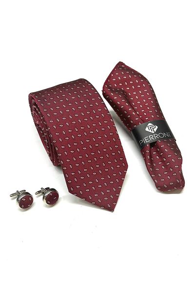 PİERRONİ Burgundy White Patterned Tie Handkerchief Cufflinks Special Set