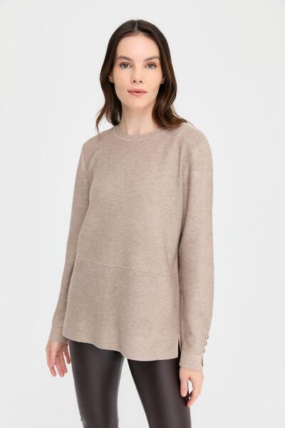 Desen Triko Women's Crew Neck Slit Sweater