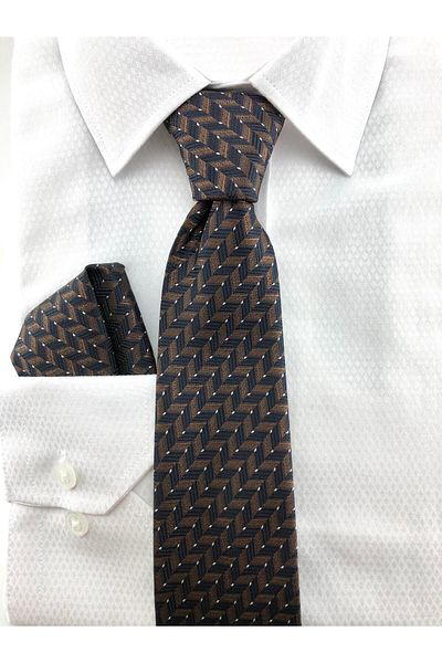 PİERRONİ Brown Navy Blue Patterned Handkerchief Tie