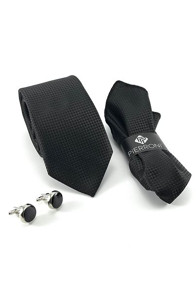 PİERRONİ Black Patterned Tie Handkerchief Cufflinks Special Set