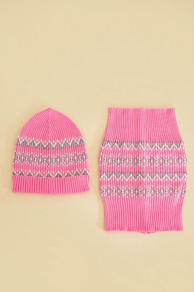 CHUBA Pink Children's Patterned Neck Collar Scarf and Beanie Set - Chkıds102