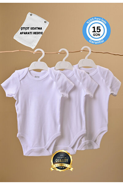 Huggy Mommy Premium %100 Organik Pamuk Ribana 3'lü Beyaz Kısa Kol Bebek Body ...