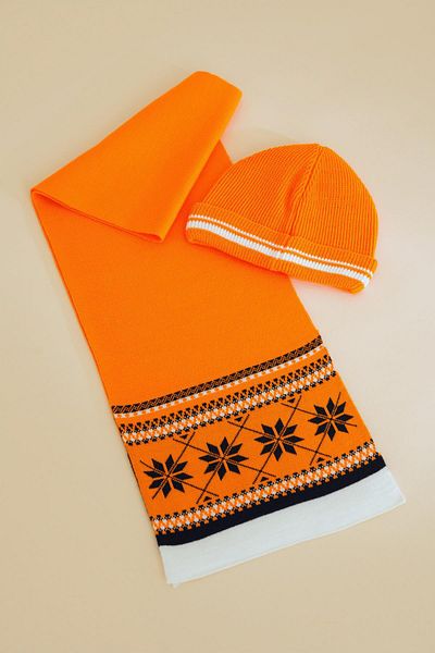 CHUBA Snow Patterned Knitwear Scarf Beanie Set for 7-12 Years Old Children - Orange Chkıds104