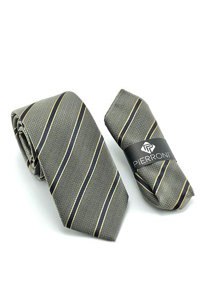 PİERRONİ K.Gray Navy Blue Striped Handkerchief Tie