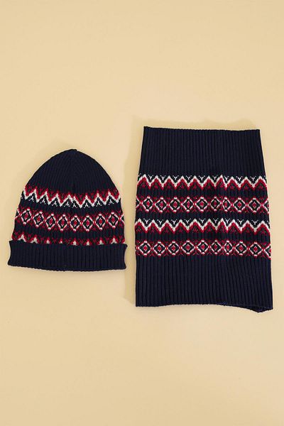 CHUBA Navy Blue Children's Patterned Neck Collar Scarf and Beanie Set - Chkıds102