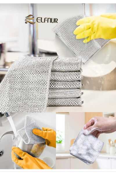 elfnur ( 3 Adet ) Çift Katlı Çok Amaçlı Tel Bez Mikrofiber Inox Bez Telli Bul...