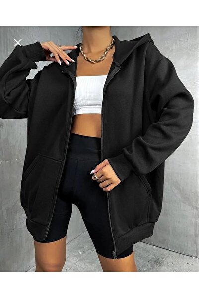 SERAZAT Φούτερ με μαύρη κουκούλα Oversize - Φερμουάρ, 100% βαμβάκι, δεν παραμορφώνεται