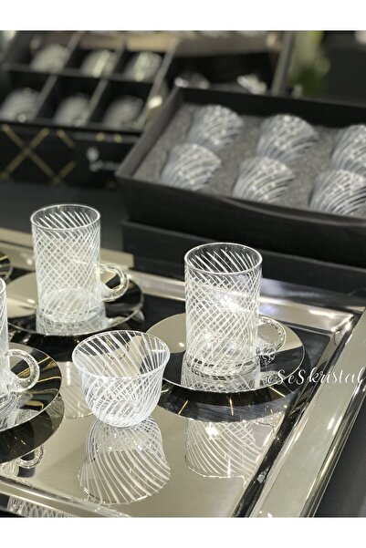 es es kristal 18 PARÇA CAM KESME ÇAY SETİ / ÇELİK TABAKLI / MAT SARMAL/ ŞEFFAF