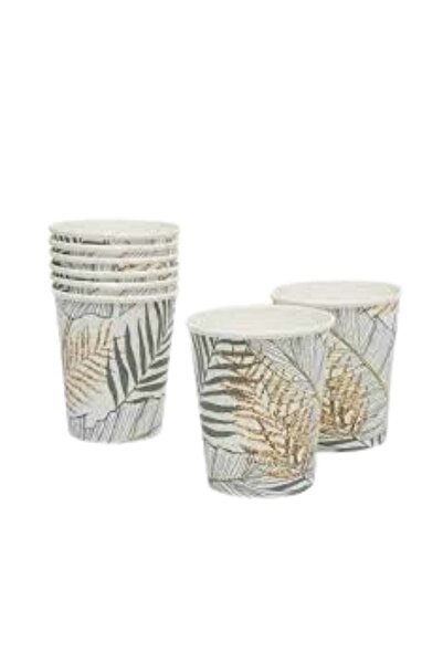 TURKUAZ PARTY Karton Bardak - Altın Simli Yapraklar Beyaz - 8 Oz - 8li