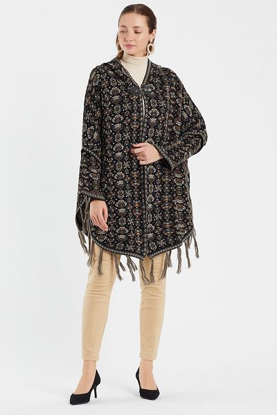 Uludağ Triko Black Floral Patterned Kilim Poncho