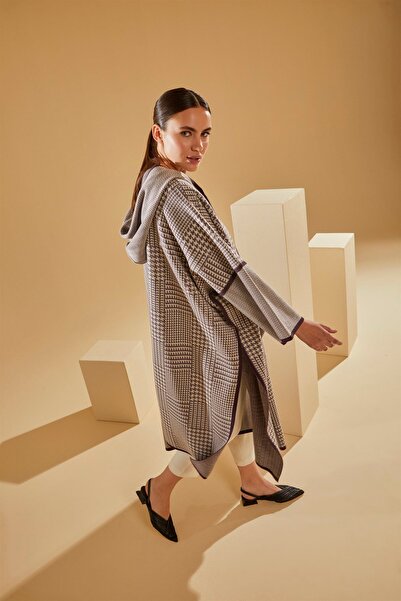 Uludağ Triko Poncho de buzunar cu model tribal liliac pentru femei