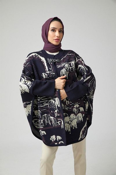 Uludağ Triko Women's Navy Blue Tree Pattern Poncho