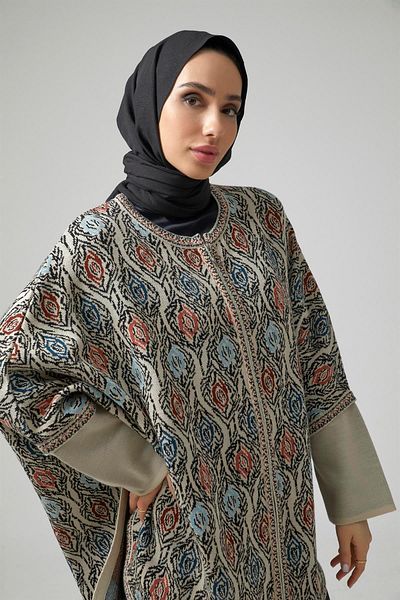 Uludağ Triko Women's Gray Stone Zippered Two Color Poncho