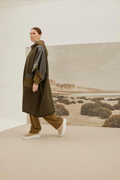 Uludağ Triko Khaki Women's Poncho - Leather Detailed and Zippered
