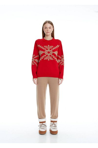 Knitss Tricotaj Merino Extrafine Roșu cu Motive de Iarnă
